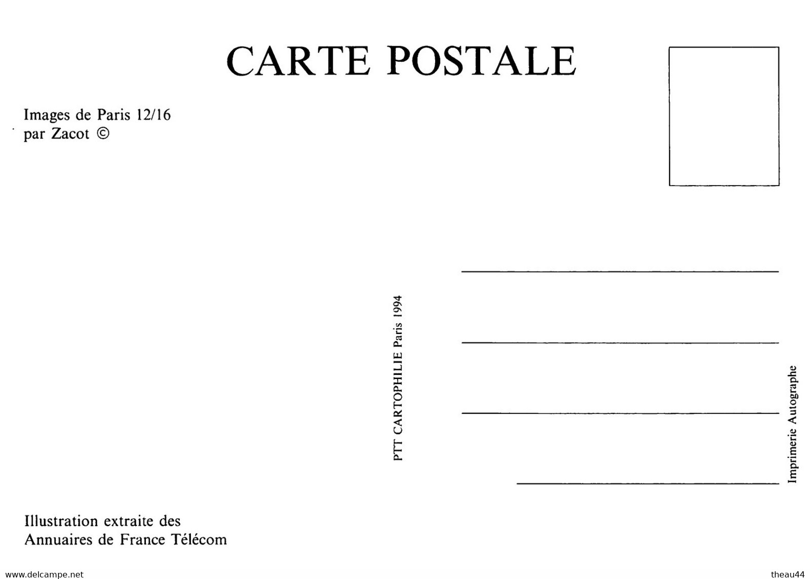 Lot 16 Cartes de l'Illustrateur " ZACOT " -Illustration extraite des Annuaires de "FRANCE-TELECOM" - " PTT Cartophilie "