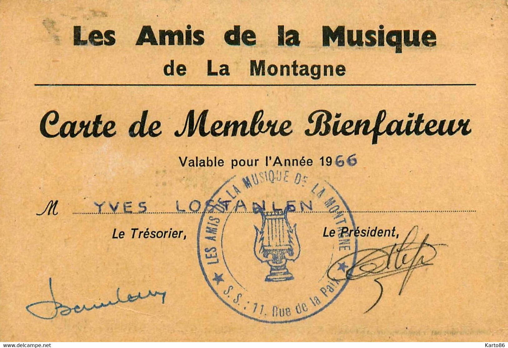 La Montagne * Les Amis De La Musique * Carte De Membre Bienfaiteur 1966 + Cachet - La Montagne