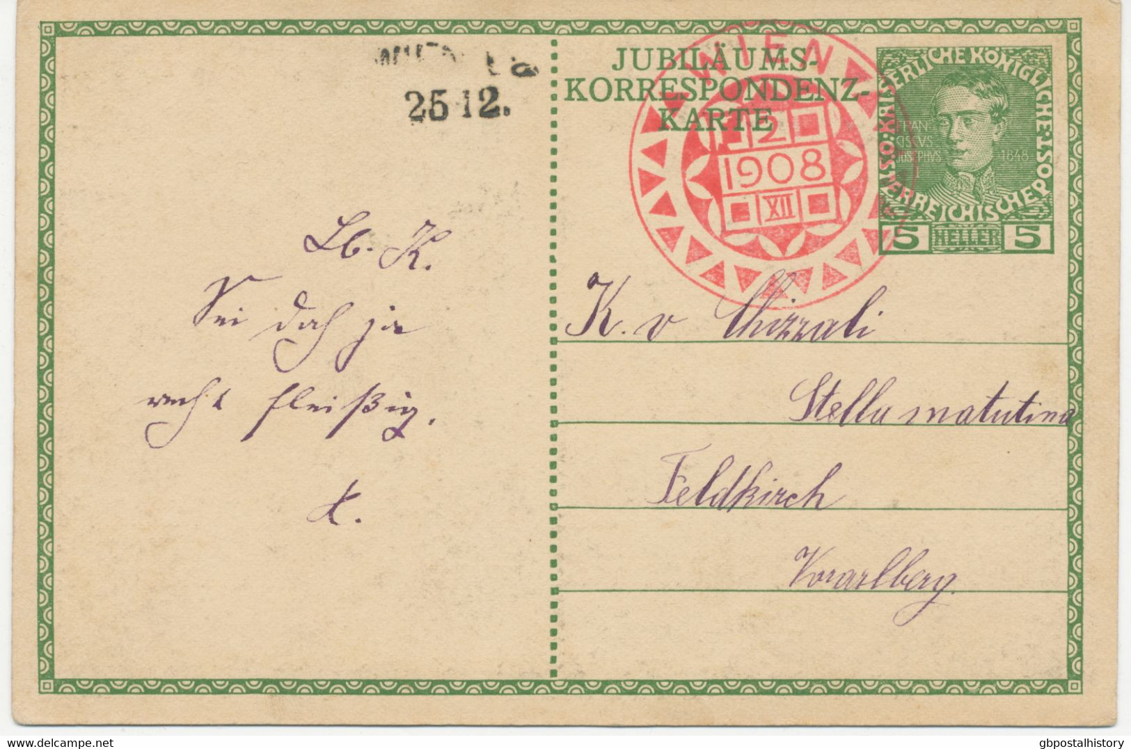 ÖSTERREICH 1908 5 H Kaiser Franz Joseph 60jähriges Regierungsjubiläum Kab.-GA-Postkarte Mit Roter Ersttags-Sonderstempel - FDC