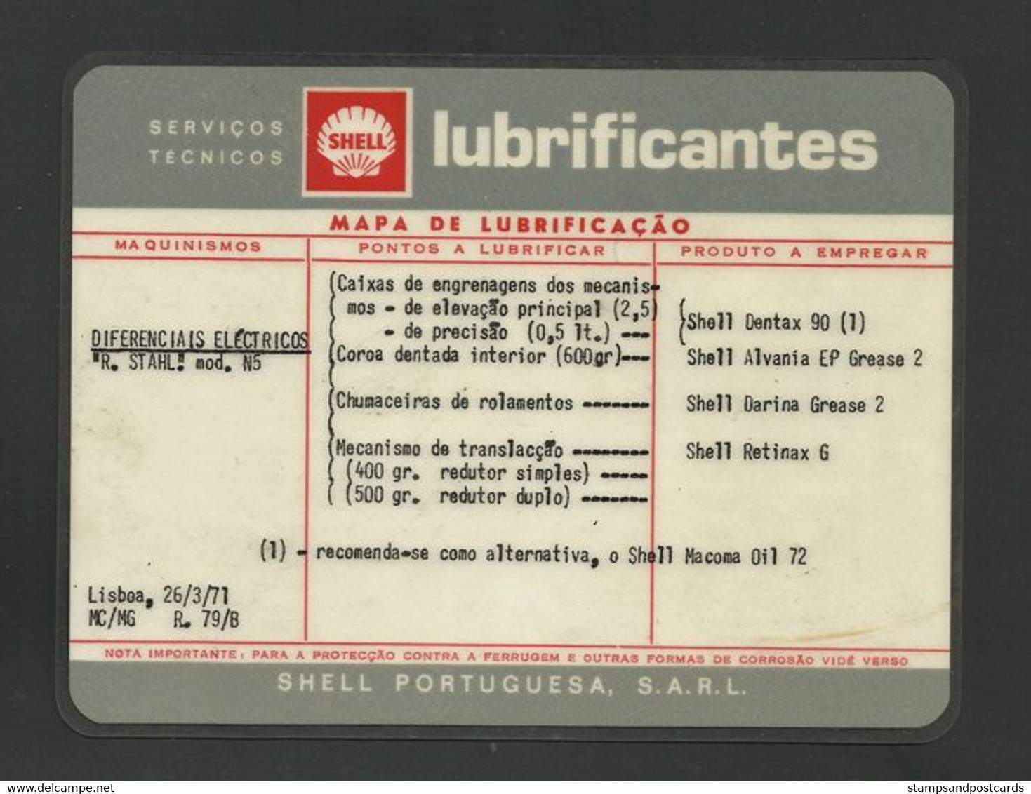 Portugal Carte De Lubrification De Moteur Shell 1971 Shell Machine Lubrication Card - Maschinen