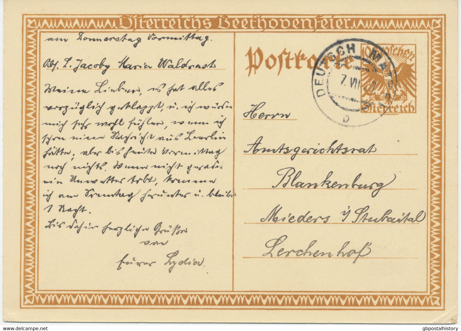 ÖSTERREICH ORTSSTEMPEL „DEUTSCH MATREI“ (Tirol) Seltene K2 1927  10 G Stilisierter Adler Sonder-GA Zu Ehren Beethoven - Briefe U. Dokumente