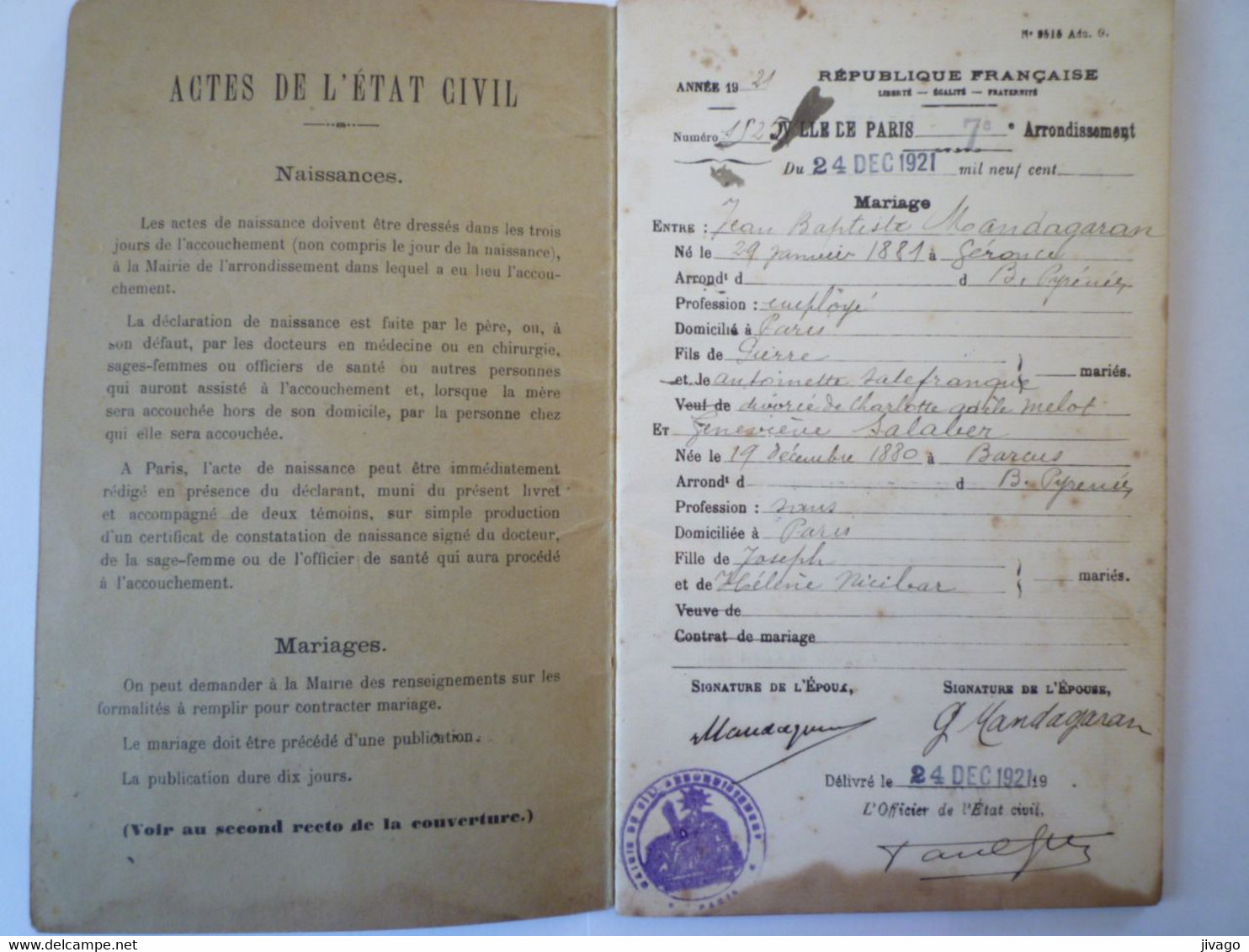 2022 - 1284  LIVRET De FAMILLE De Jean-Baptiste MANDAGARAN  Né à GERONCE (64) En 1881   XXX - Non Classés