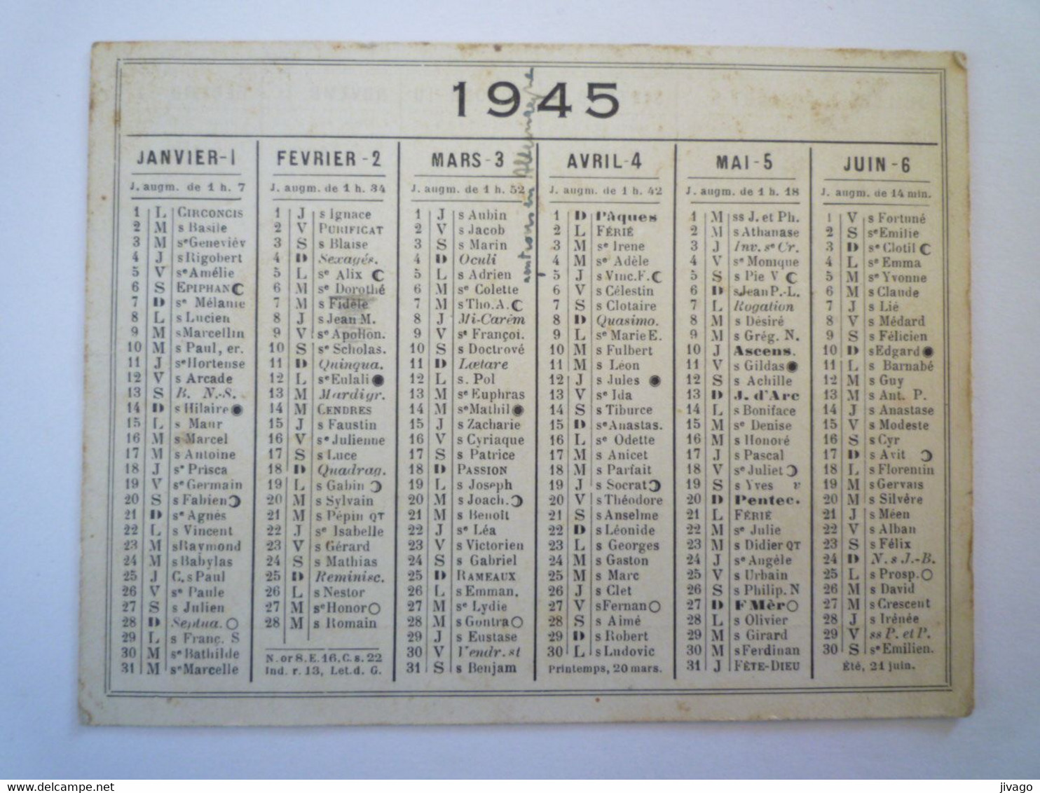 2022 - 1289  Petit Calendrier  1945   XXX - Petit Format : 1941-60