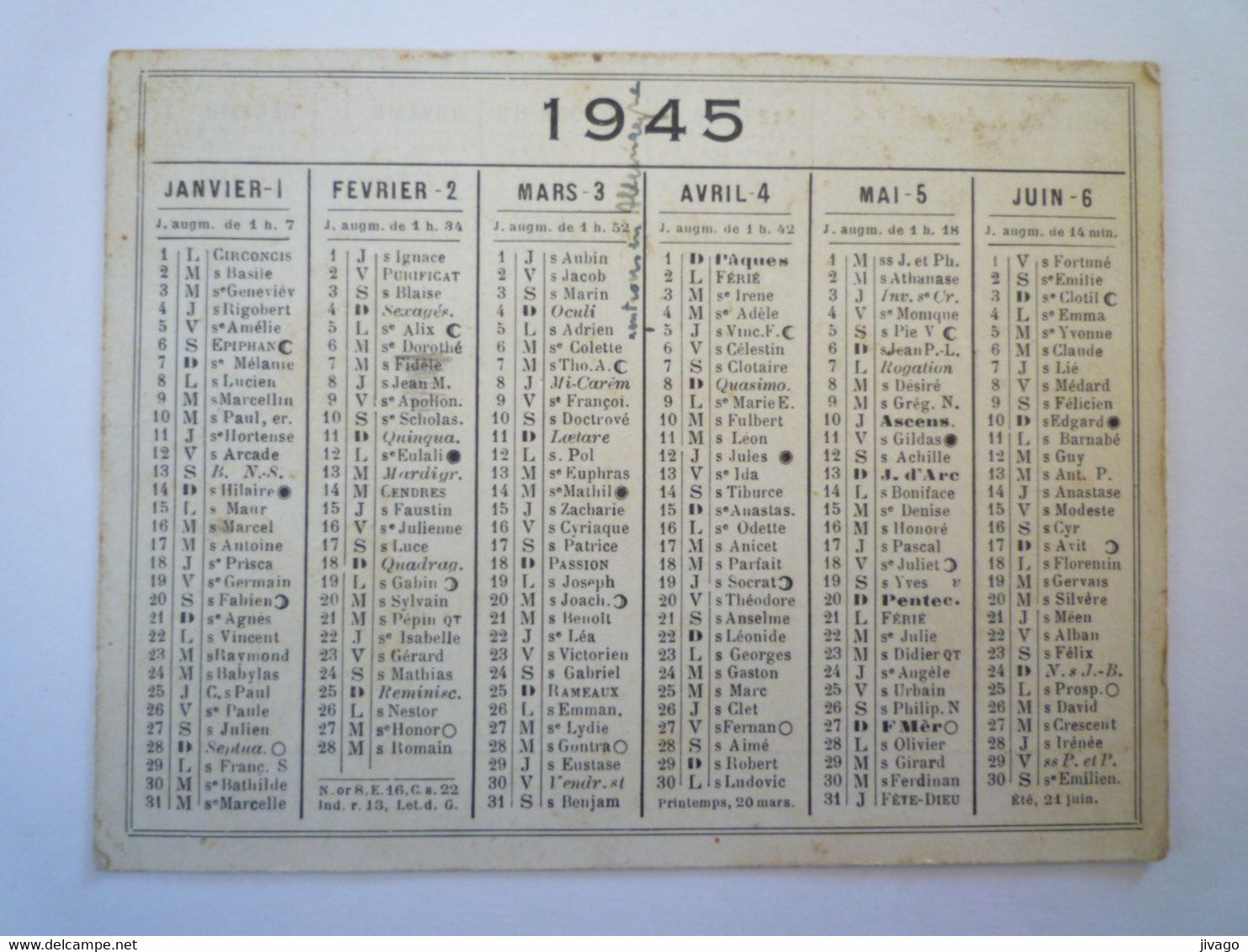 2022 - 1289  Petit Calendrier  1945   XXX - Small : 1941-60