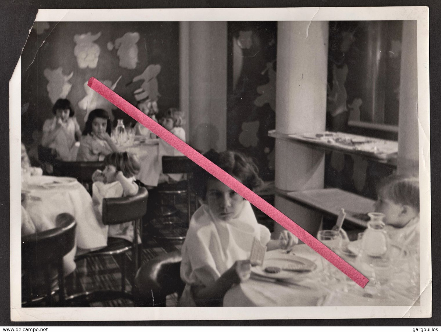 Photo Originale Intérieur Paquebot NORMANDIE - 1937, Salle De Repas Des Enfants Déco Babar, Cie Générale Transatlantique - Schiffe