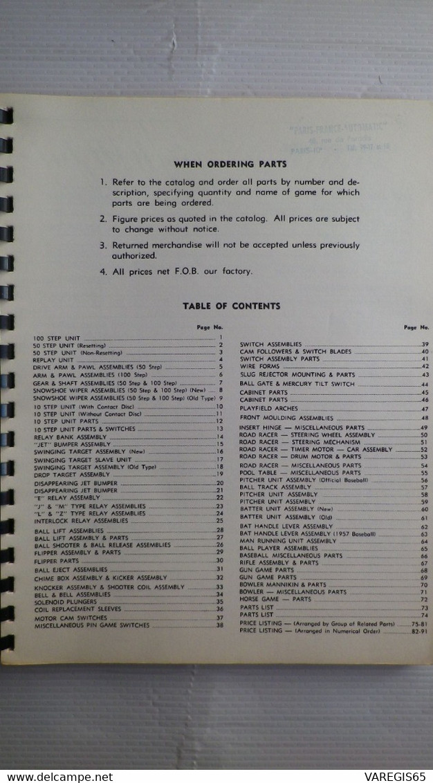 PART CATALOG - WILLIAMS 1963 - BASE BALL , BOWLING , FIVE BALL PIN , GUN TYPE , HORSE,POOL , ROADRACER - AVEC SUPPLEMENT - Ingenieurswissenschaften