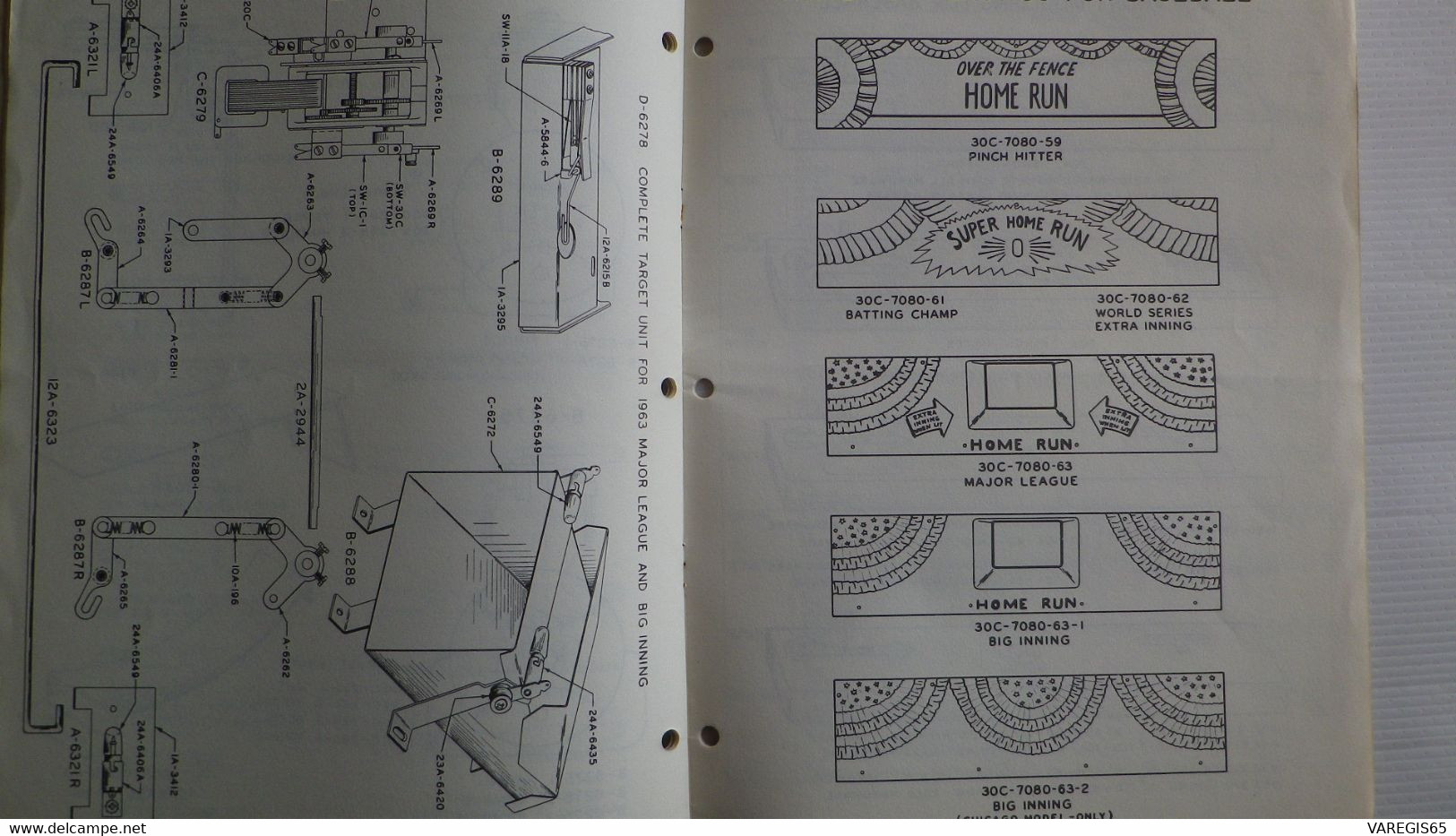 PART CATALOG - WILLIAMS 1963 - BASE BALL , BOWLING , FIVE BALL PIN , GUN TYPE , HORSE,POOL , ROADRACER - AVEC SUPPLEMENT