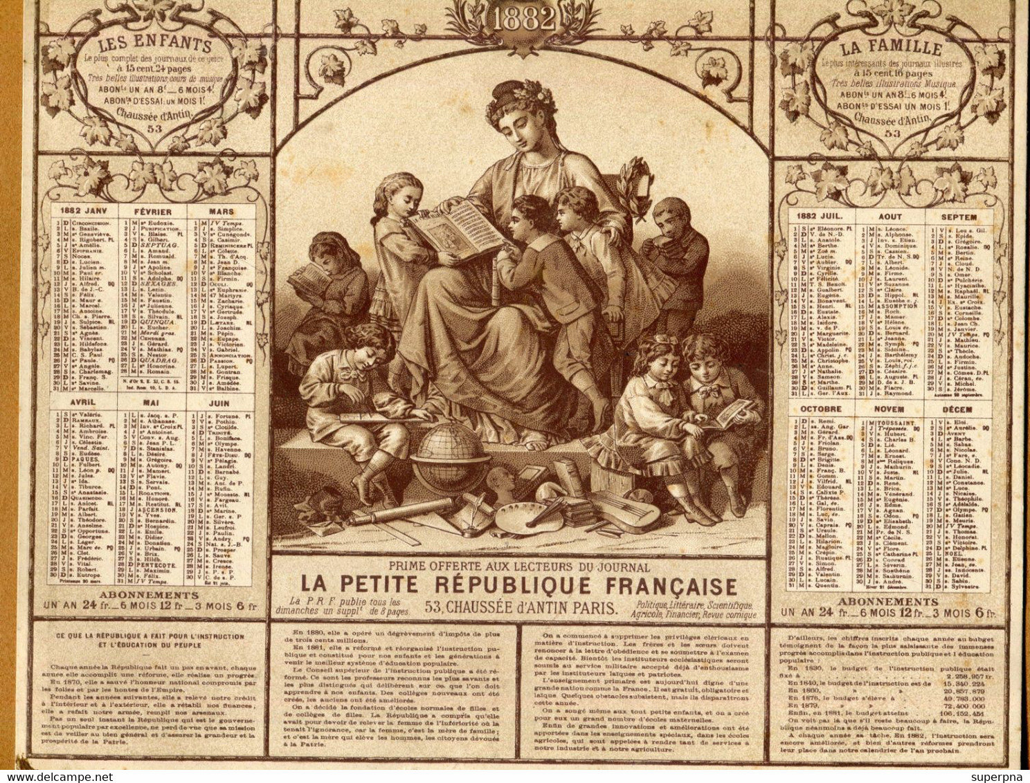 CALENDRIER 1882 : JOURNAL " LA PETITE REPUBLIQUE FRANCAISE " - Big : ...-1900