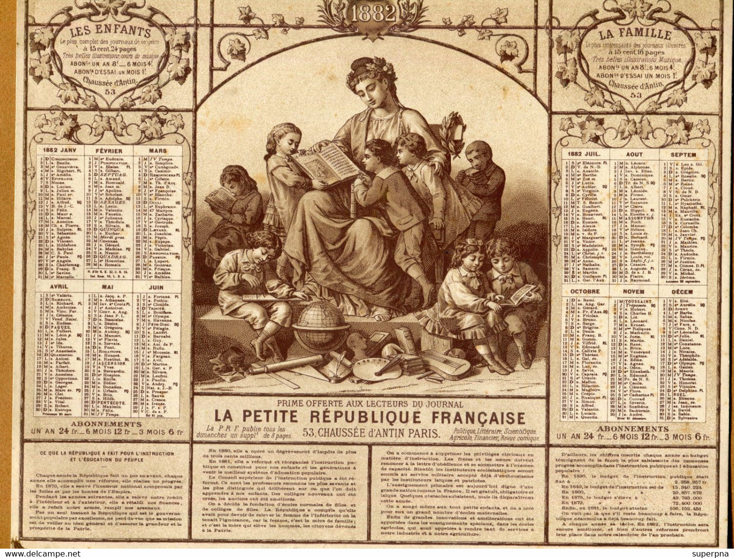 CALENDRIER 1882 : JOURNAL " LA PETITE REPUBLIQUE FRANCAISE " - Grossformat : ...-1900