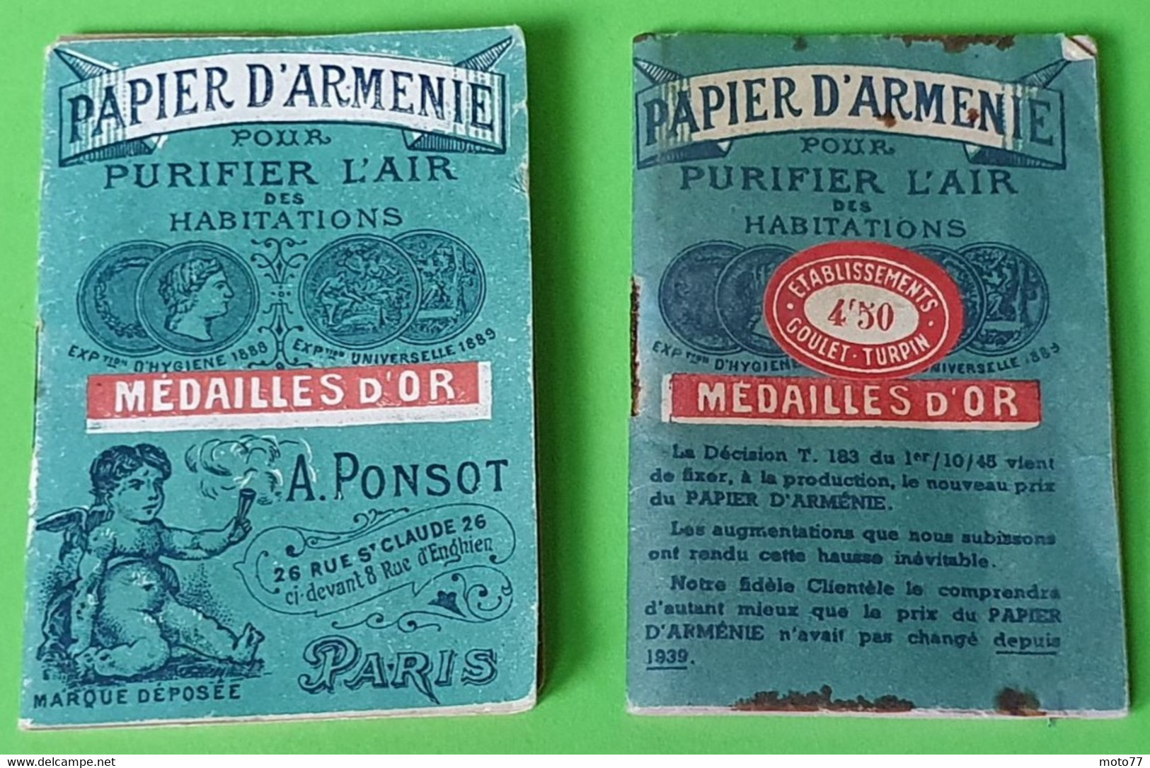 Lot 2 Anciennes Pochettes PAPIER D’ARMÉNIE - Antiseptique - Prix Magasin GOULET TURPIN - Vers 1940 1950 - Materiale Di Profumeria