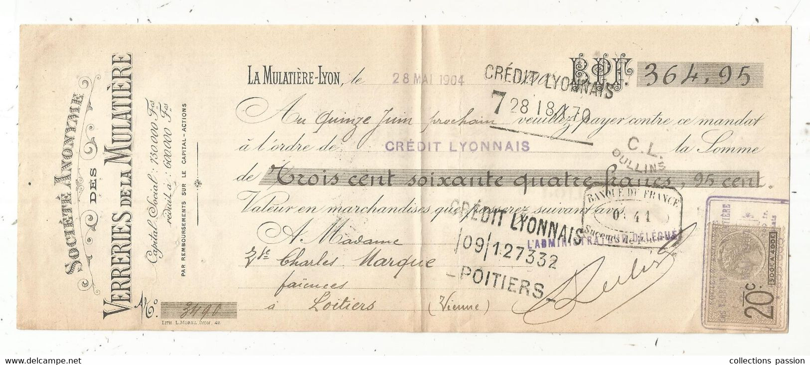 Lettre De Change, 1904, Verreries De La MULATIERE , LA MULATIERE-LYON , 2 Scans, Frais Fr 1.75 E - Lettres De Change