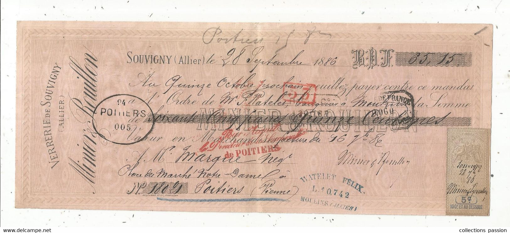 Lettre De Change, 1886, Verrerie De SOUVIGNY , Allier , 2 Scans, Frais Fr 1.75 E - Lettres De Change