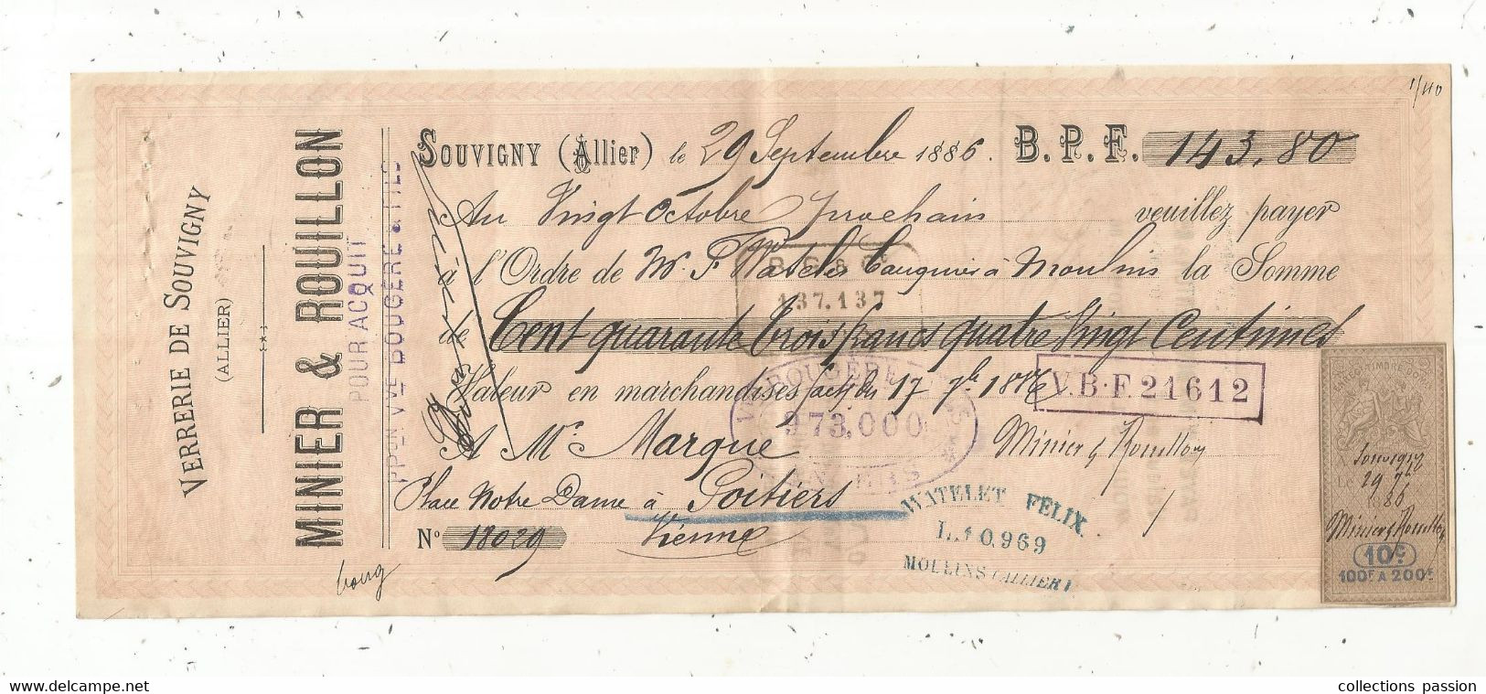 Lettre De Change, 1886, Verrerie De SOUVIGNY , Allier, MINIER & ROUILLON,  2 Scans, Frais Fr 1.75 E - Lettres De Change