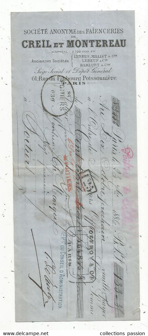 Lettre De Change, 1886, S. A. Des Faïenceries Creil Et Montereau, PARIS,  2 Scans, Frais Fr 1.75 E - Lettres De Change