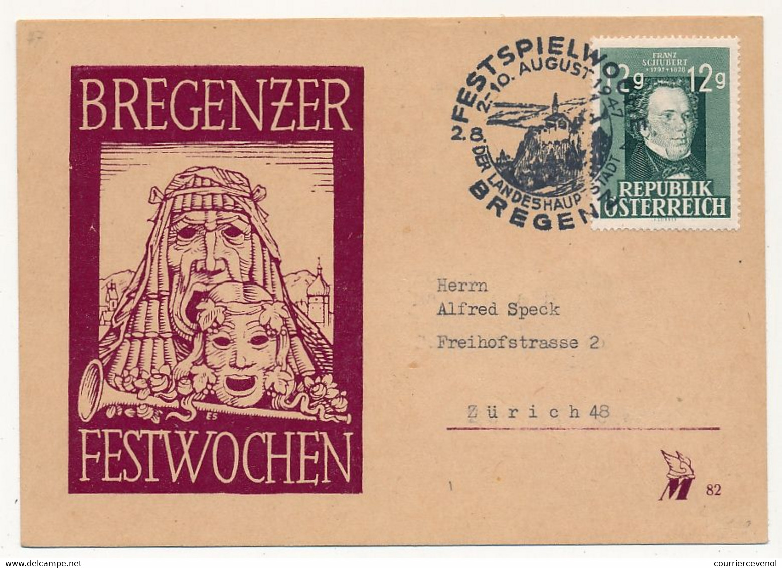 AUTRICHE - Carton Illustré, Oblit Temporaire Festspielwoche - Bregenz 1947 - Briefe U. Dokumente
