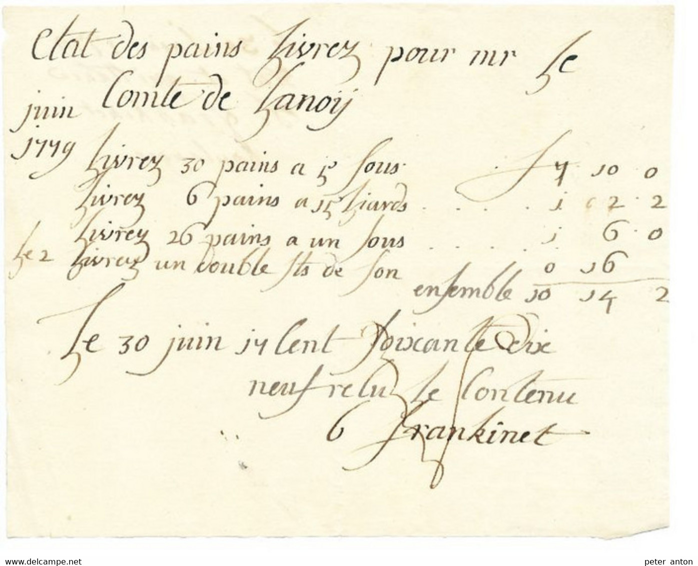 Facture De Boulangerie De Juin 1779 Au Comte De Lanoy ( De Lannoy ) - ... - 1799