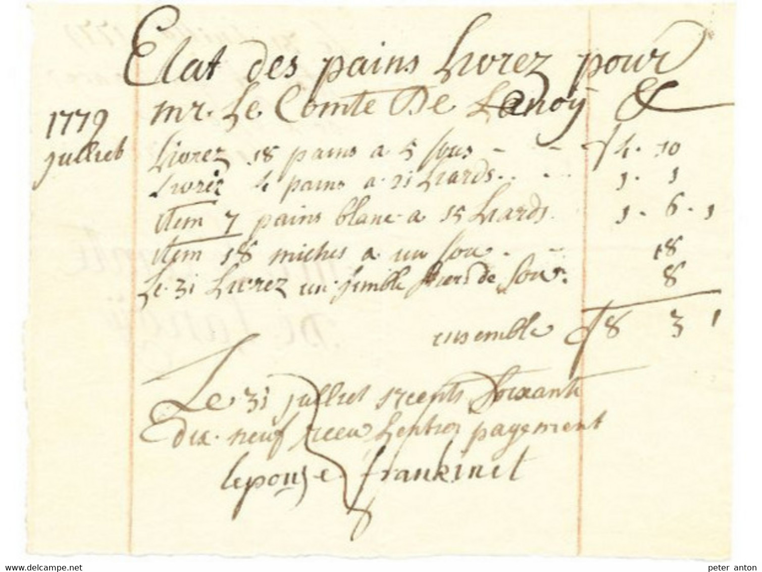 Facture De Boulangerie De Juillet 1779 Au Comte De Lanoy ( De Lannoy ) - ... - 1799