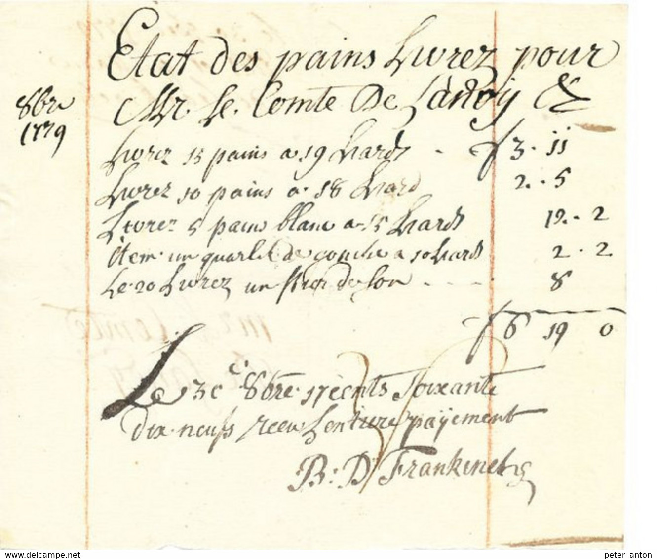 Facture De Boulangerie De Aout 1779 Au Comte De Lanoy ( De Lannoy ) - ... - 1799