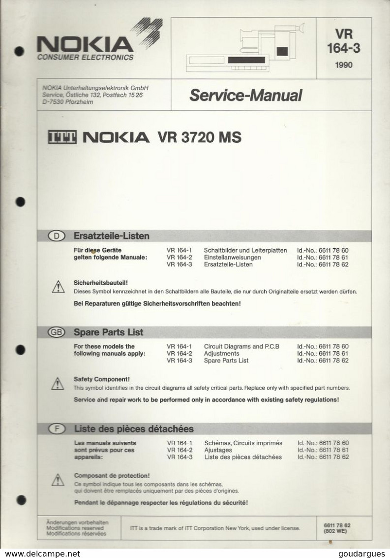 Nokia Consumer Electronics VR 164-3 - Service Manual - ITT Nokia VR 3720 MS - Televisione