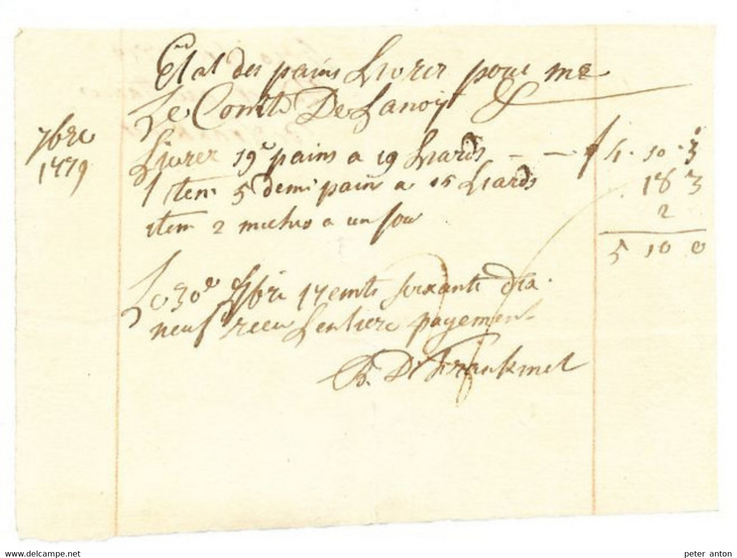 Facture De Boulangerie De Septembre 1779 Au Comte De Lanoy ( De Lannoy ) - ... - 1799