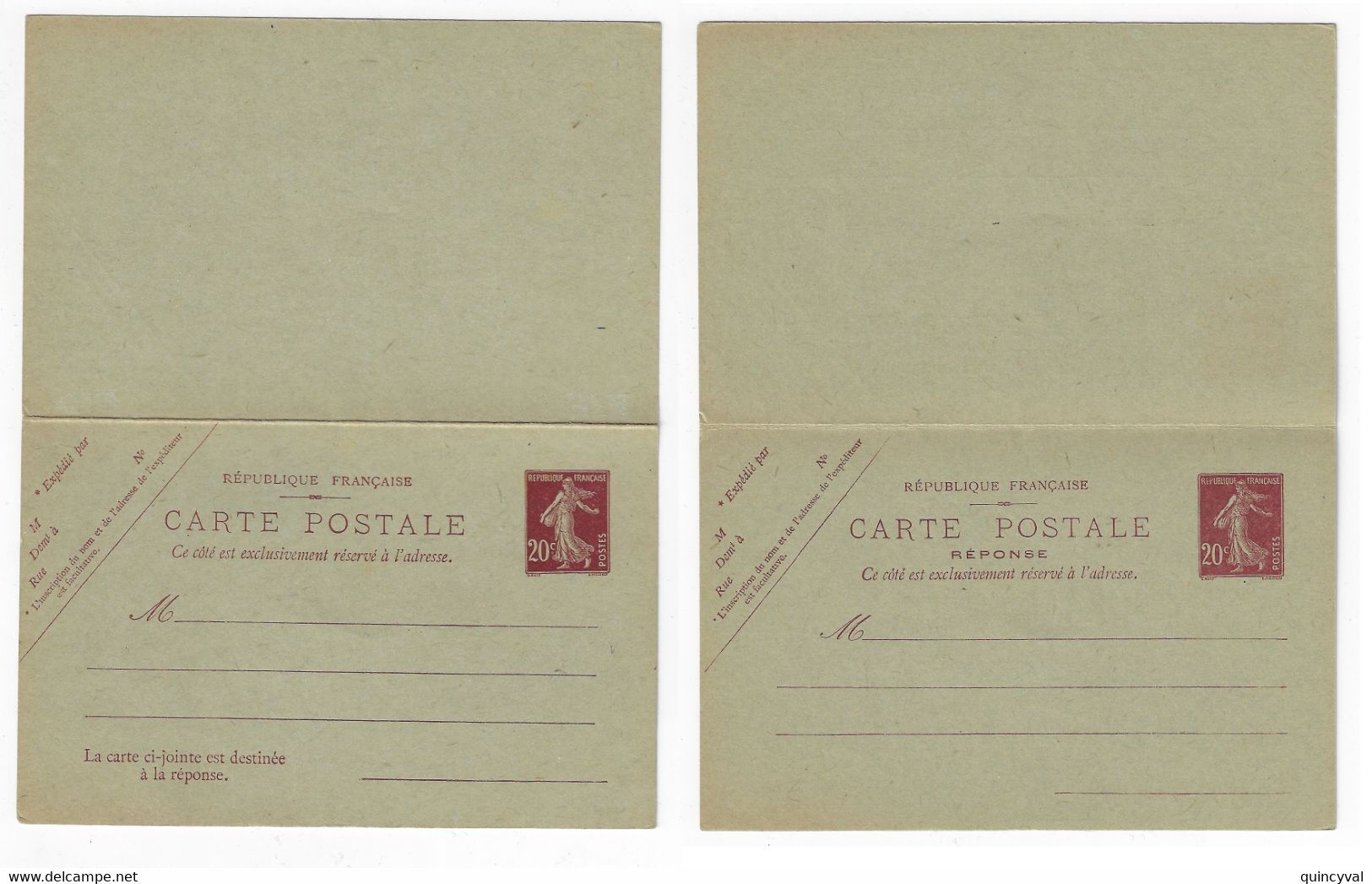 20c + 20c Brun Semeuse Carte Postale Entier AVEC Réponse Payée Sans Date Yv 139-CPRP1 Storch H4 - Standard Postcards & Stamped On Demand (before 1995)