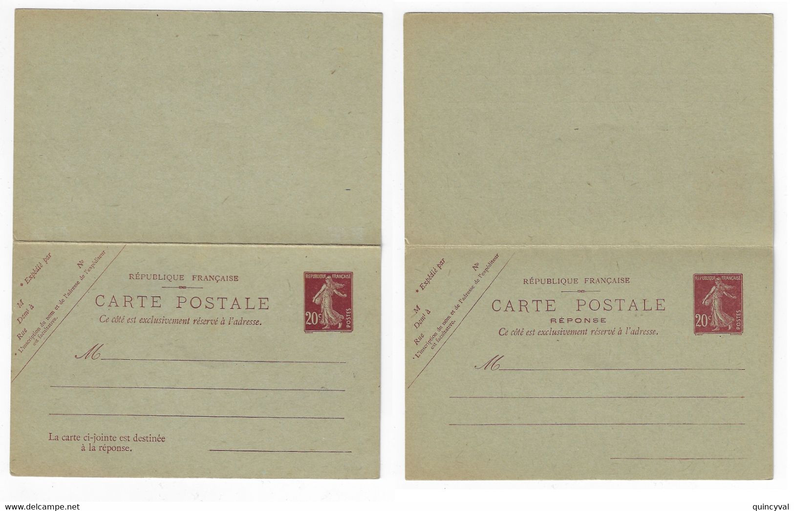 20c + 20c Brun Semeuse Carte Postale Entier AVEC Réponse Payée Sans Date Yv 139-CPRP1 Storch H4 - Standard- Und TSC-AK (vor 1995)