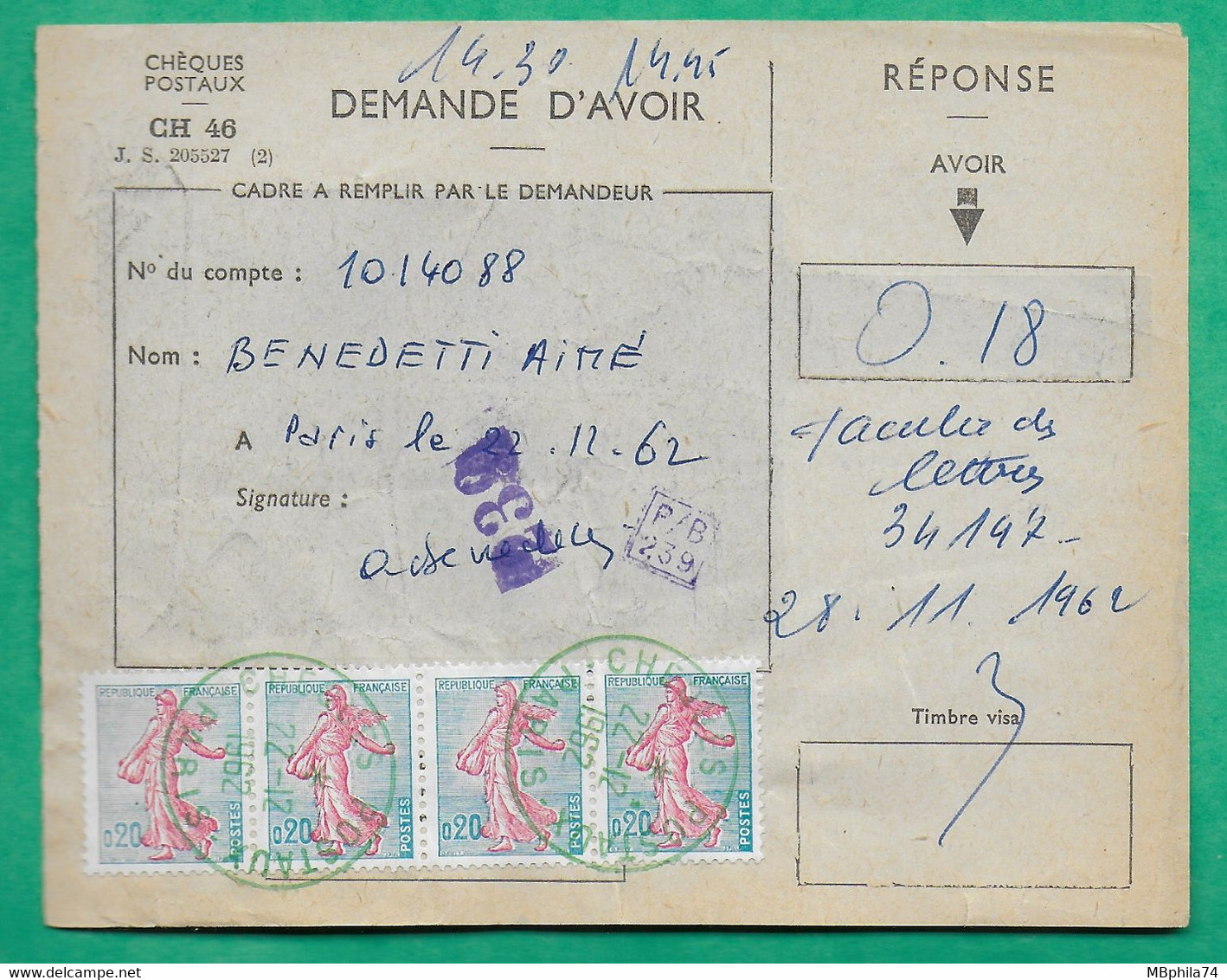 N°1233 SEMEUSE PIEL BANDE DE 4 DEMANDE D'AVOIR CAD VERT PARIS CHEQUES POSTAUX 1962  LETTRE COVER FRANCE - Oblitérés