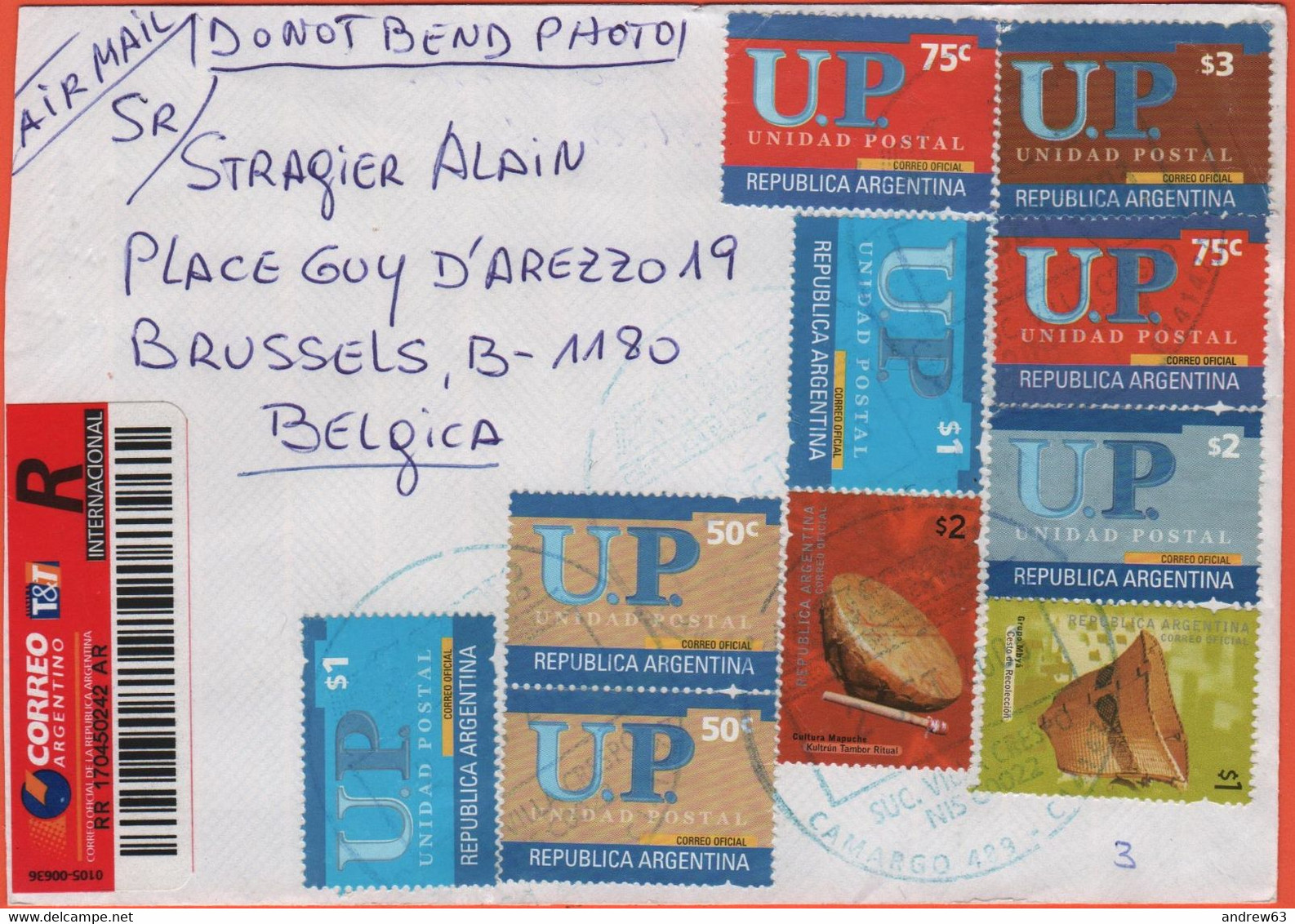 ARGENTINA - 2003 - 10 Stamps - Registered - Viaggiata Da Buenos Aires Per Brussels, Belgium - Briefe U. Dokumente