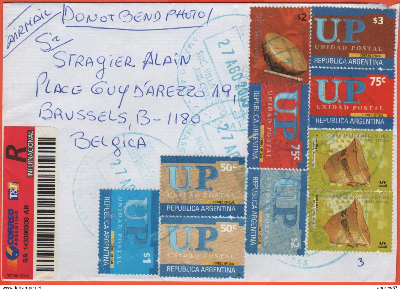 ARGENTINA - 2003 - 10 Stamps - Registered - Viaggiata Da Buenos Aires Per Brussels, Belgium - Brieven En Documenten
