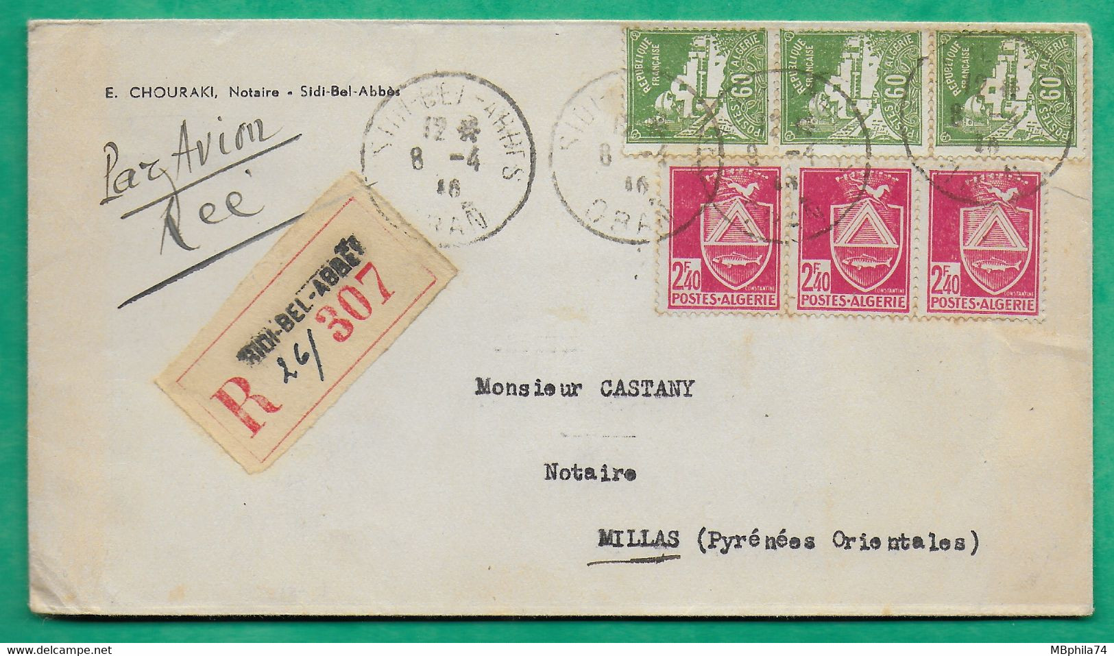 N°48 + 180 BANDE DE 3 RECOMMANDE SIDI BEL ABBES ORAN ALGERIE PAR AVION POUR MILLAS PYRENEES ORIENTALES - Airmail