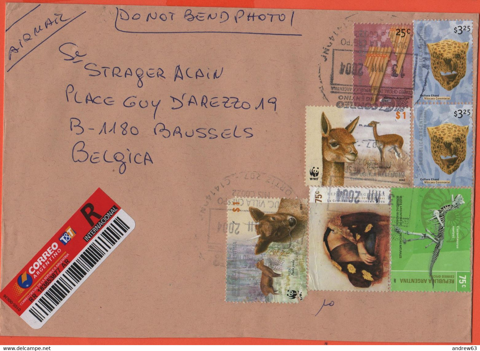 ARGENTINA - 2004 - 7 Stamps - Registered - Medium Envelope - Viaggiata Da Buenos Aires Per Brussels, Belgium - Covers & Documents