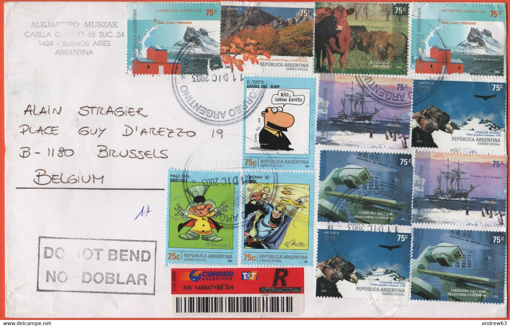 ARGENTINA - 2003 - 27 Stamps (14 On The Rear) - Registered - Medium Envelope - Viaggiata Da Buenos Aires Per Brussels, B - Covers & Documents