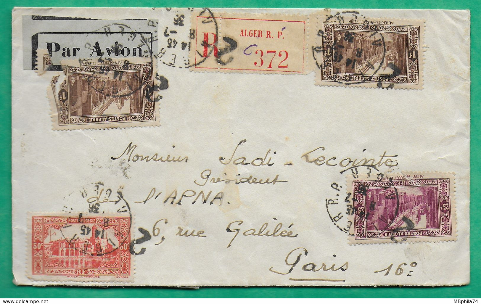 N°112x2 + N°116x2 RECOMMANDE ALGER ALGERIE PAR AVION POUR PARIS 1936 COVER - Airmail