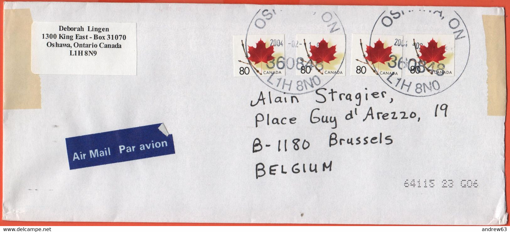 CANADA - 2004 - 4 X 80 Maple Leaf - Viaggiata Da Oshawa Per Brussels, Belgium - Cartas & Documentos