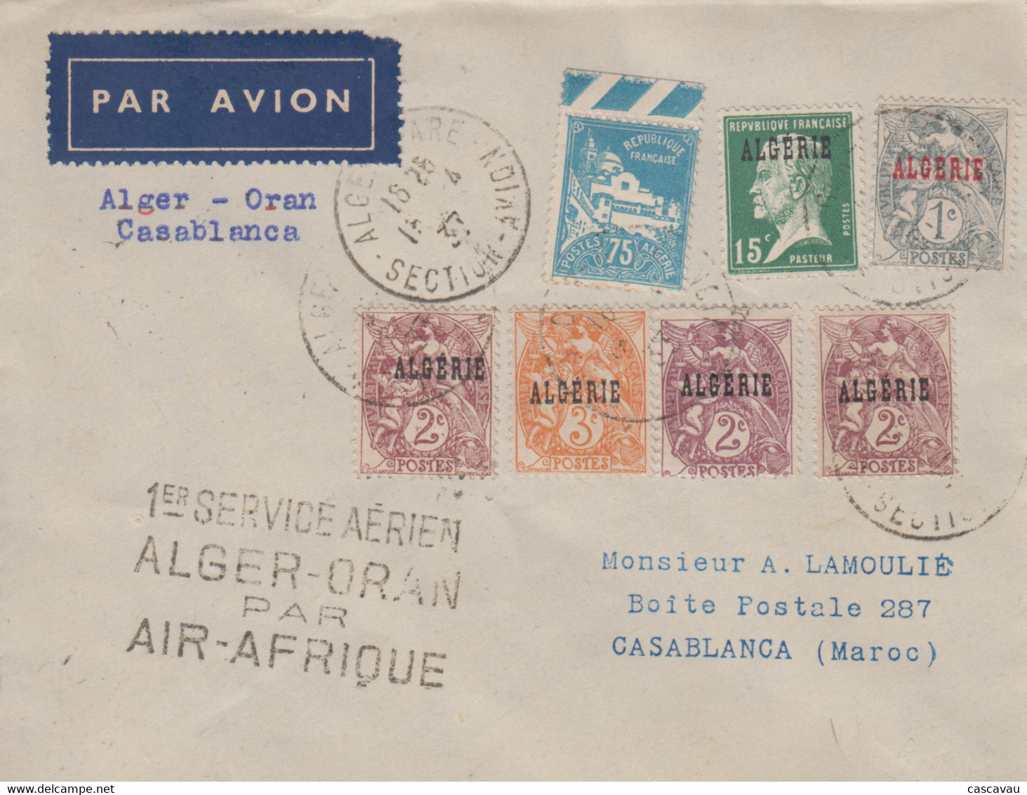 Enveloppe  ALGERIE  1er   Service  Aérien    ALGER - ORAN   Par   AIR  AFRIQUE  1937 - Aéreo
