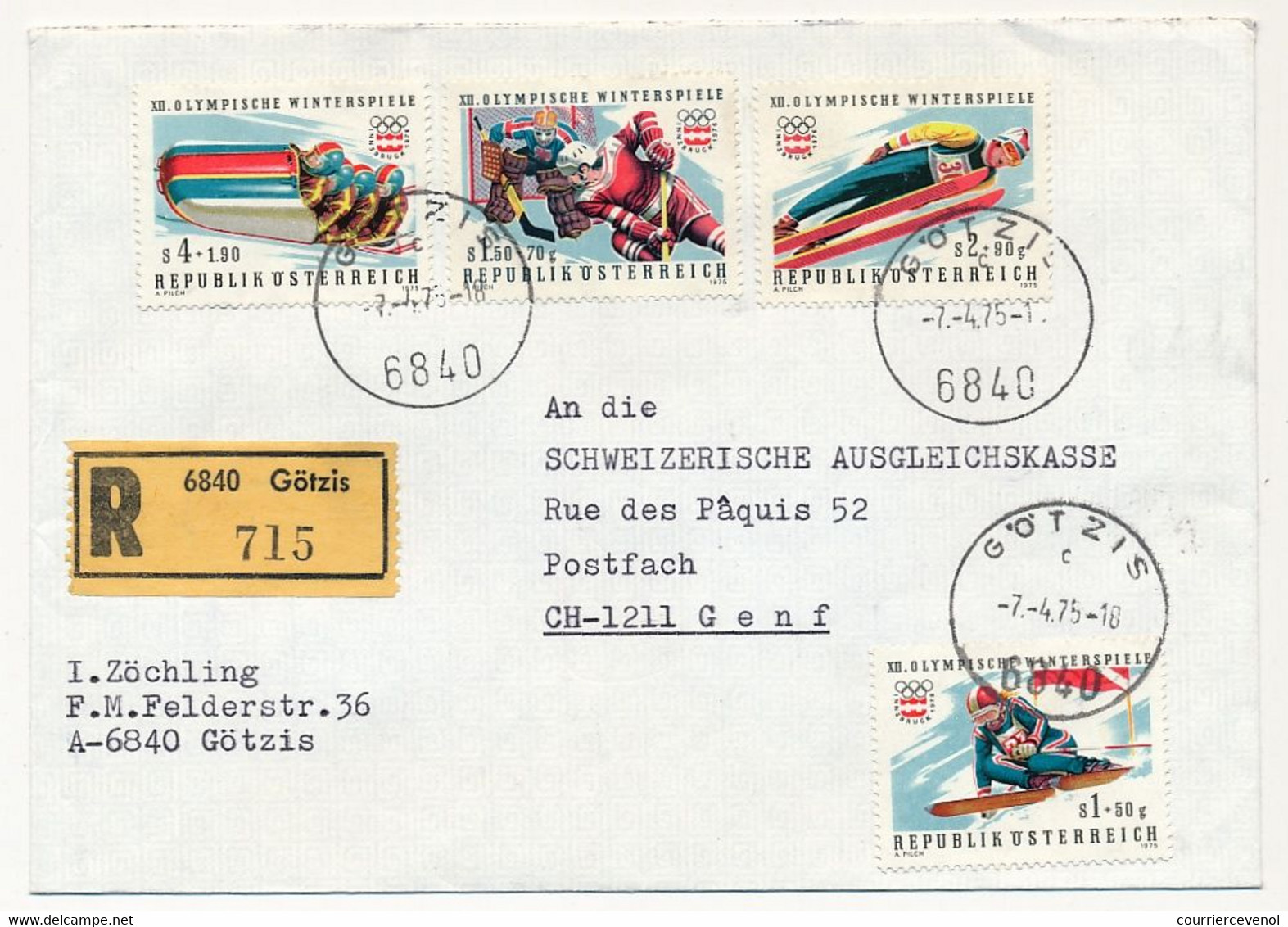 AUTRICHE - Enveloppe Affr Composé XII° Jeux Olympiques - Recommandée De 6840 Götzis - 7/4/1975 - Briefe U. Dokumente