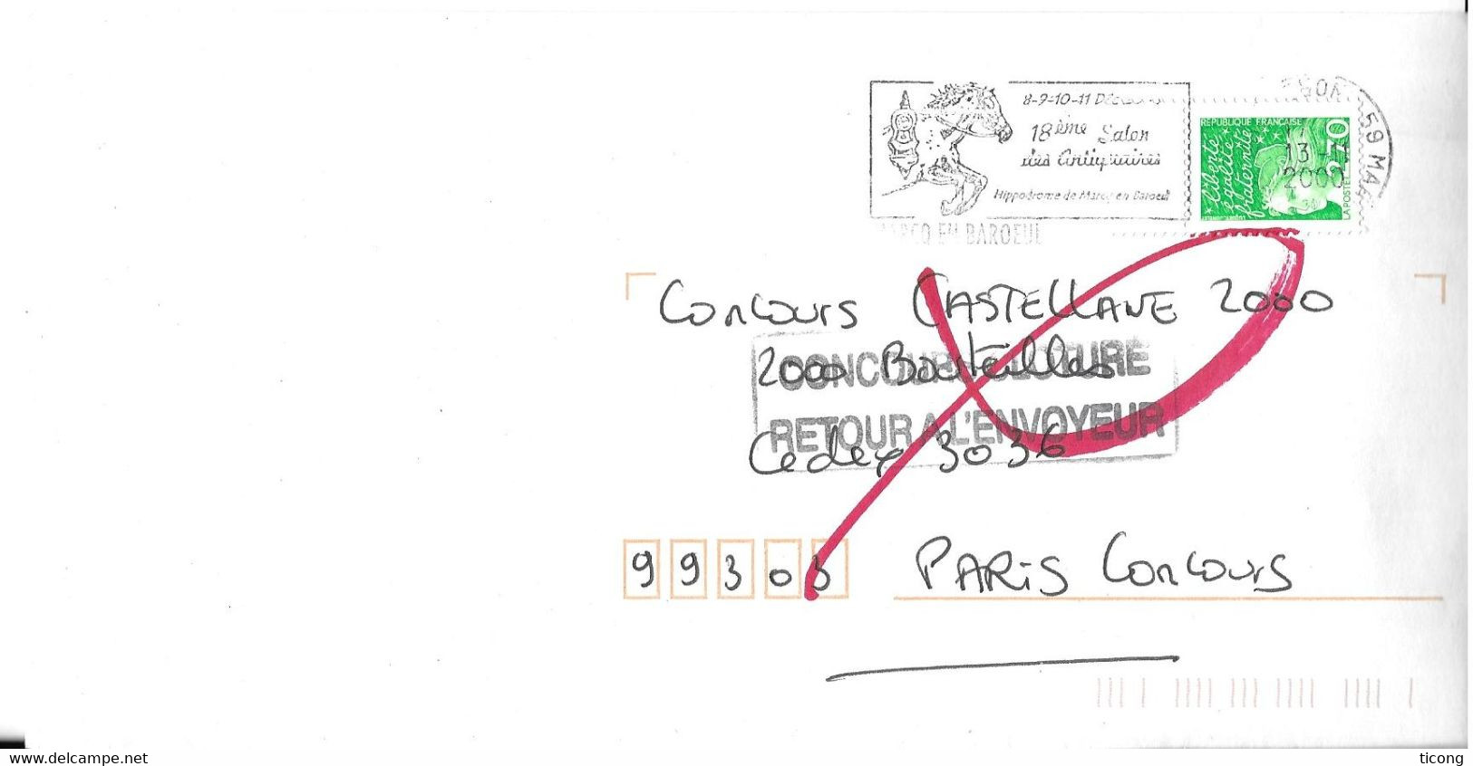 GRIFFE CONCOURS CLOTURE RETOUR A L ENVOYEUR SUR LETTRE FLAMME ILLUSTREE MARCQ EN BAROEUL NORD 2000, CACHET D ARRIVE - Lettres & Documents