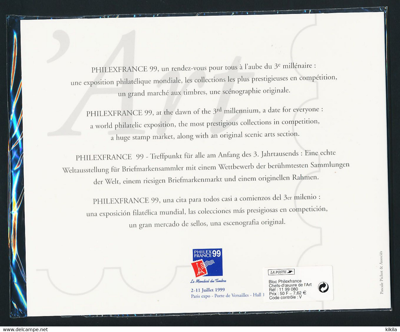 France Les Chefs D'oeuvre De L'Art  Philex France 1999 BF 23** Sous Blister Fermé Avec Laissez Passer Argenté - Souvenir Blokken