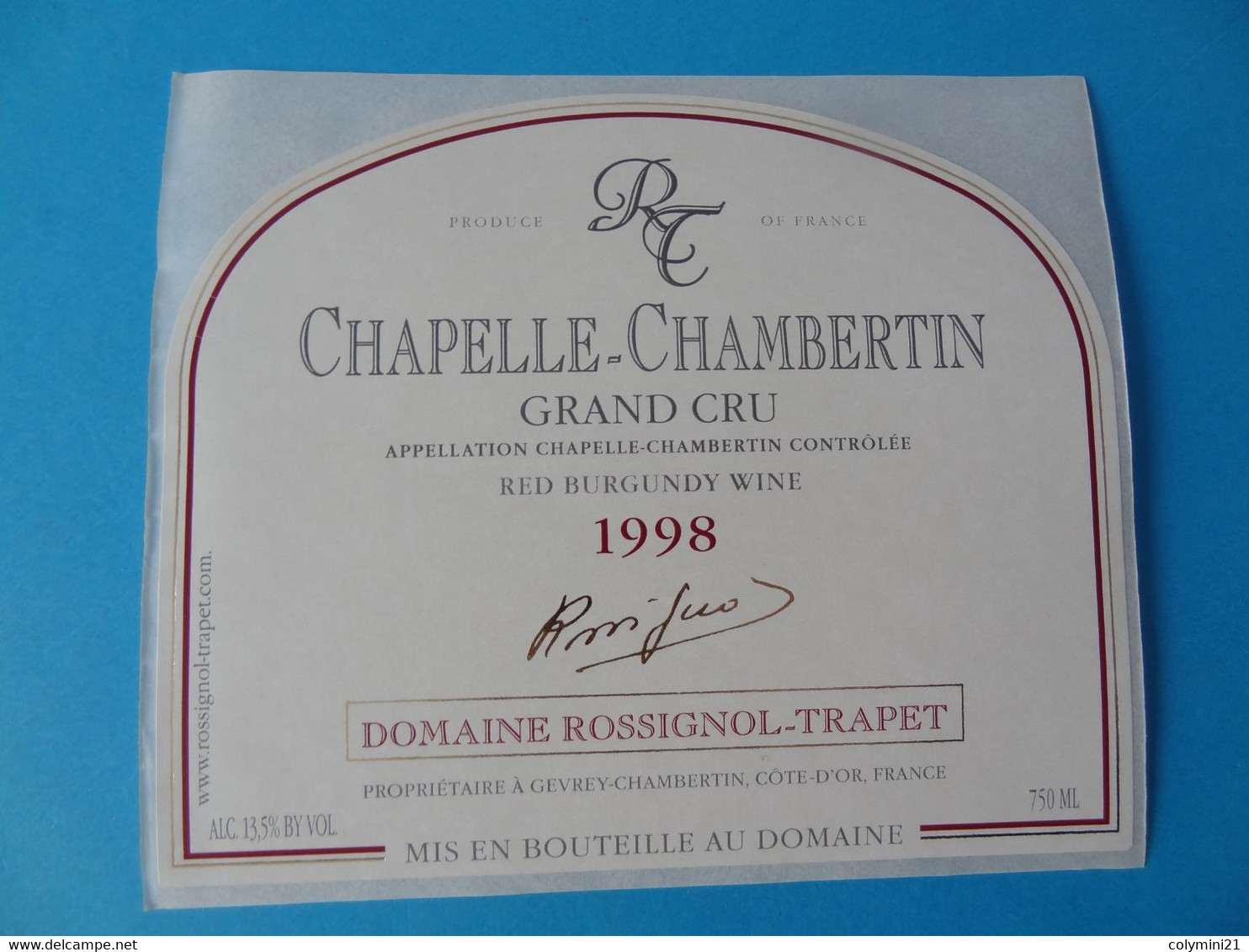 Etiquette De Vin Chapelle Chambertin Grand Cru 1998 Domaine Rossignol Trapet - Bourgogne