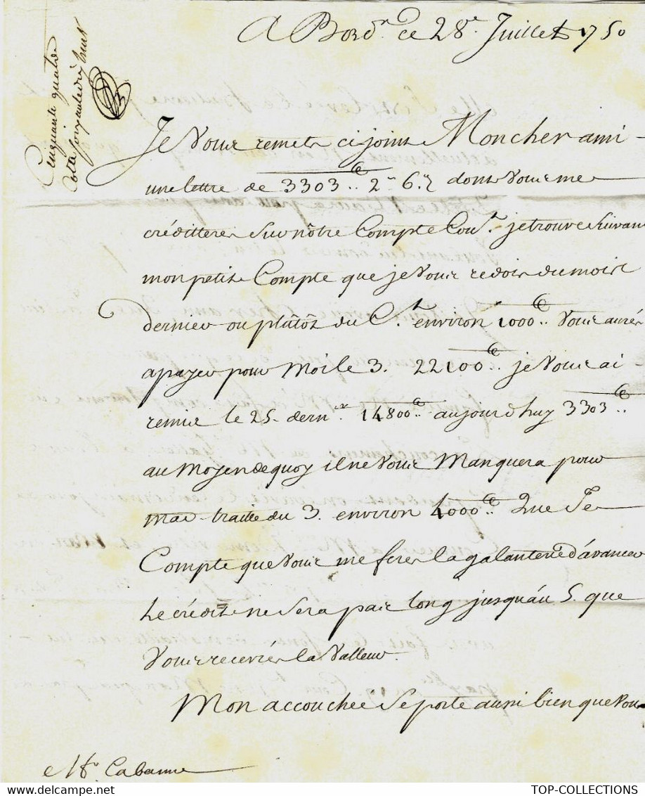 1750 BANQUE FINANCE  Par GAUVIN à Bordeaux Pour DE CABANNE HOTEL DE CHAROST PARIS AMBASSADE GRANDE BRETAGNE - Historische Dokumente