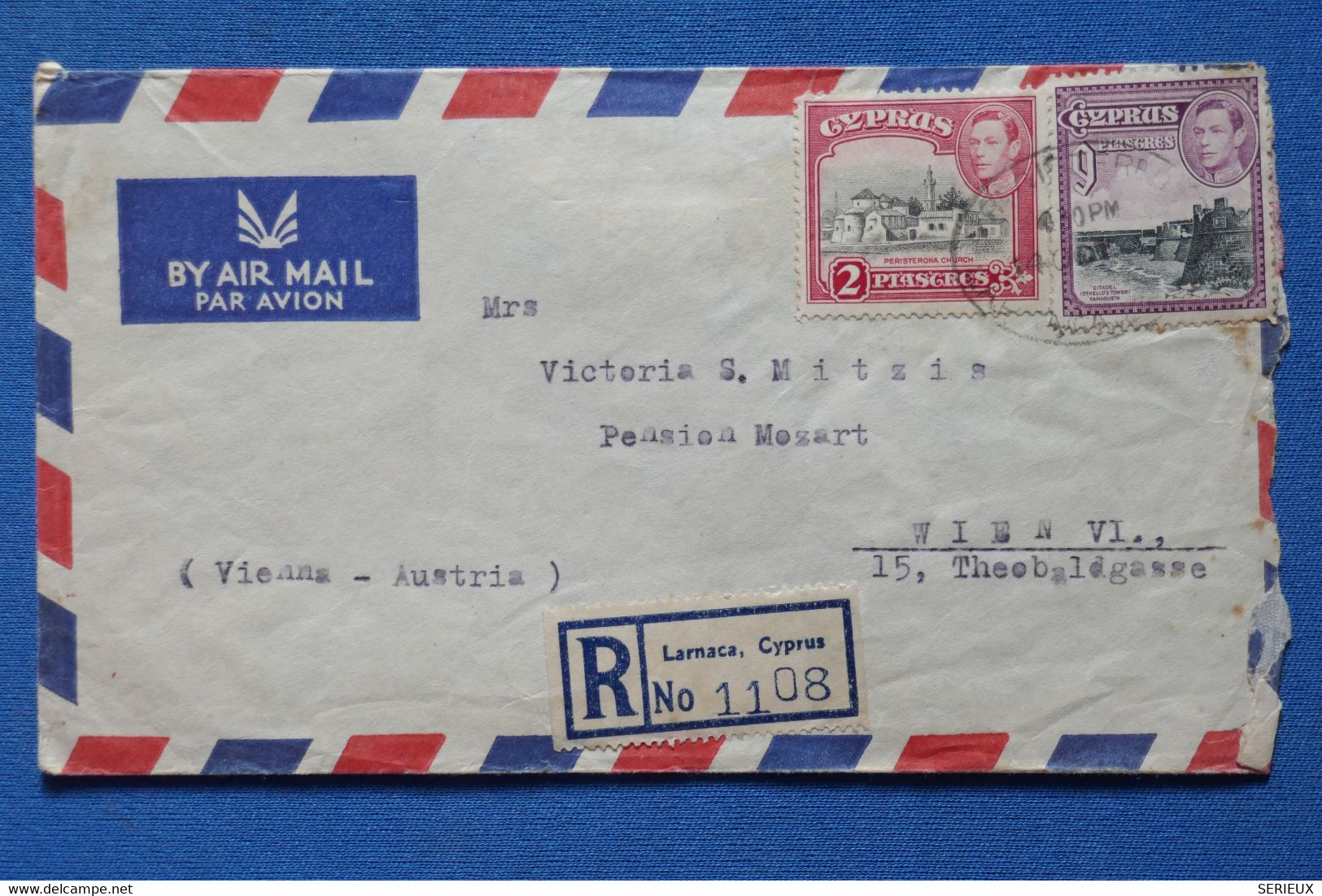 L 1 CHYPRE CYPRUS BELLE LETTRE RECOM. RARE 1948 PAR AVION LARCANA POUR WIEN AUSTRIA  +CACHET OVAL+ AFFRANCH. PLAISANT - Zypern (...-1960)