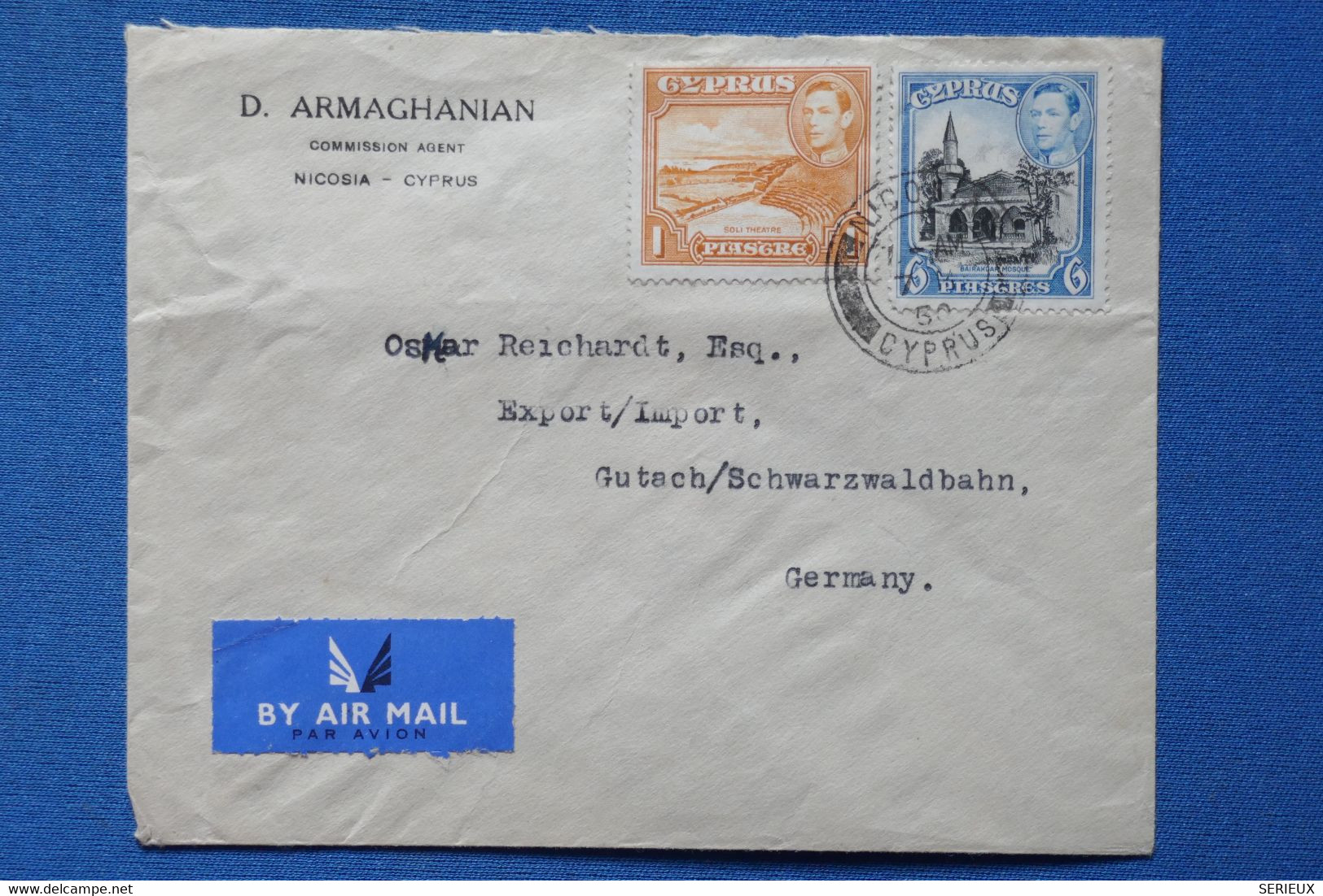 L 1 CHYPRE CYPRUS BELLE LETTRE  RARE 1950 PAR AVION NICOSIA POUR GUTACH GERMANY + AFFRANCH. PLAISANT - Cipro (...-1960)