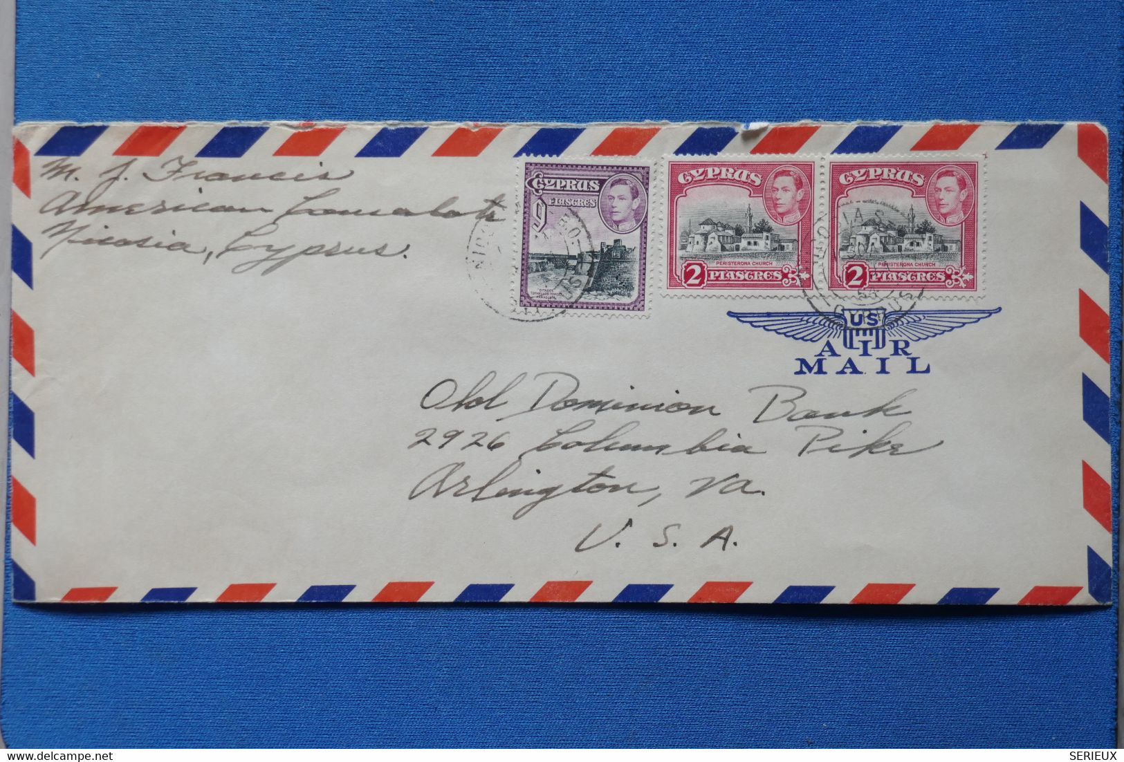 L 1 CHYPRE CYPRUS BELLE LETTRE  1955 PAR AVION KYRENIA  POUR ARLINGTON U.S.A +PAIRE T.P  + AFFRANCH. PLAISANT - Cipro (...-1960)