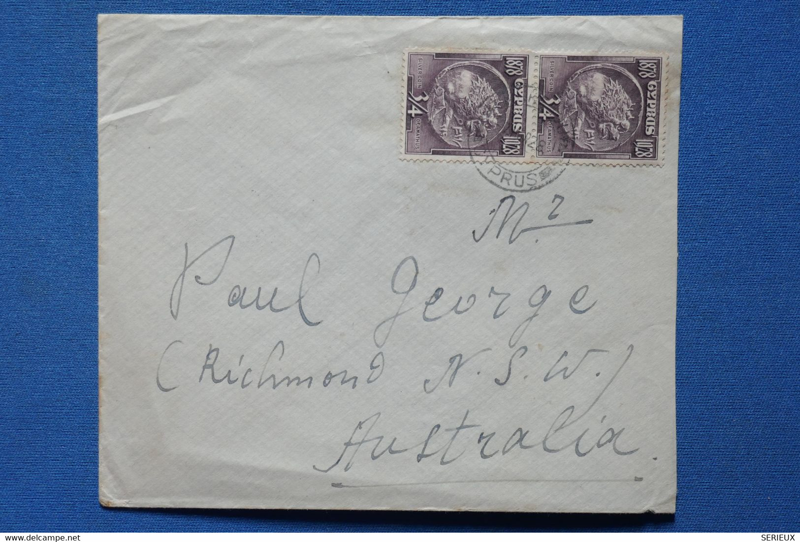 L2 CHYPRE CYPRUS BELLE LETTRE  1928  POUR RICHMOND AUSTRALIA VIA PORT SAID +PAIRE DE T.P    +PAS COUT AFFRANCH. PLAISANT - Cyprus (...-1960)