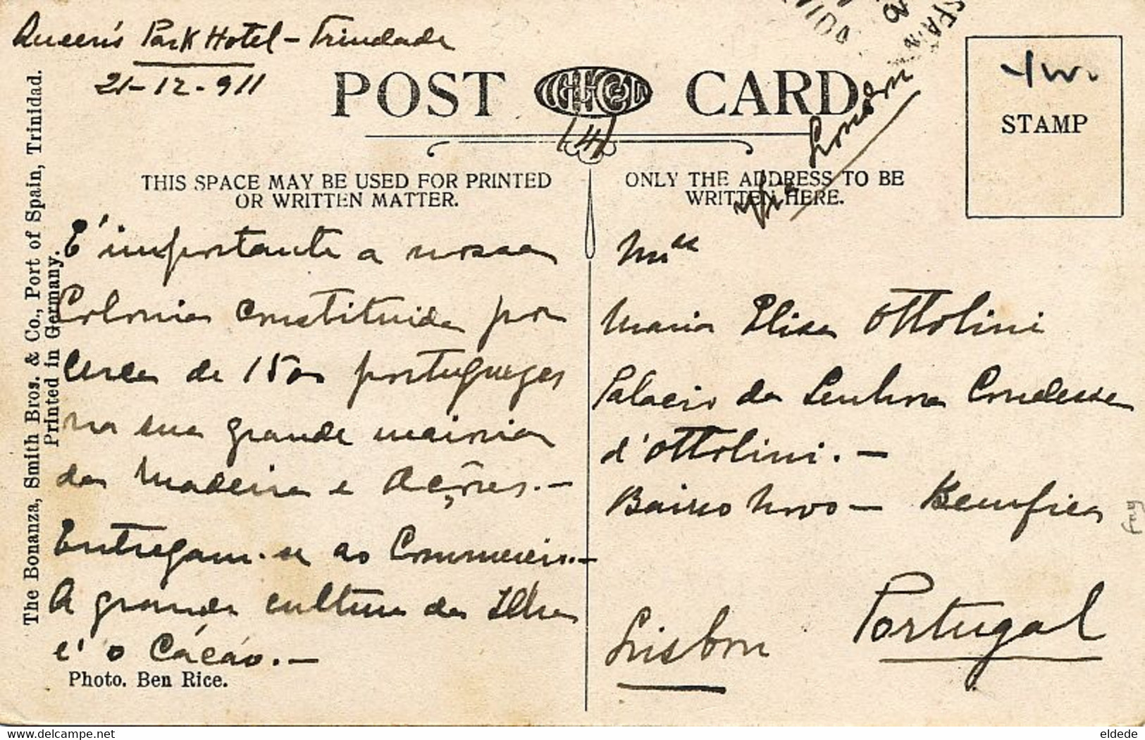 Trinidad  Port Of Spain Victoria Institute  Used To Countess Ottolini Benfica Portugal From Park Hotel Cacao Cocoa 1911 - Trinidad