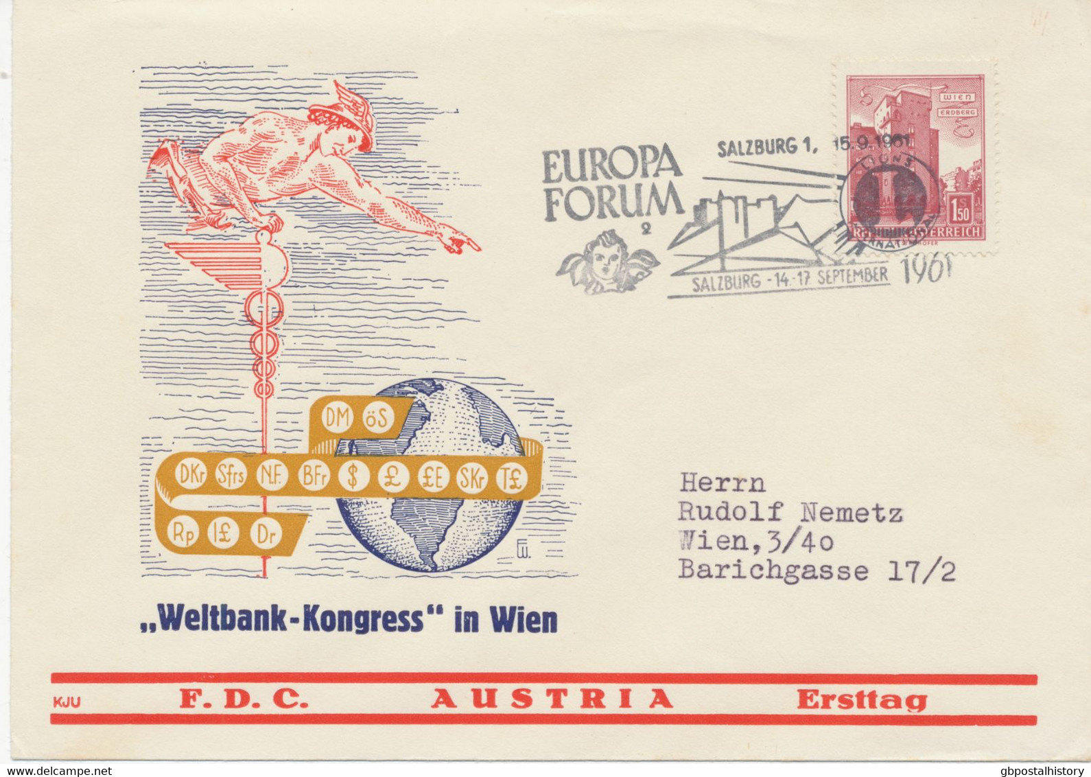 ÖSTERREICH 1961, „SALZBURG 1 EUROPA FORUM SALZBURG 14-17 SEPTEMBER 1961“ SST Auf Kab.-Brief (Weltbank-Kongress, Wien) - Covers & Documents