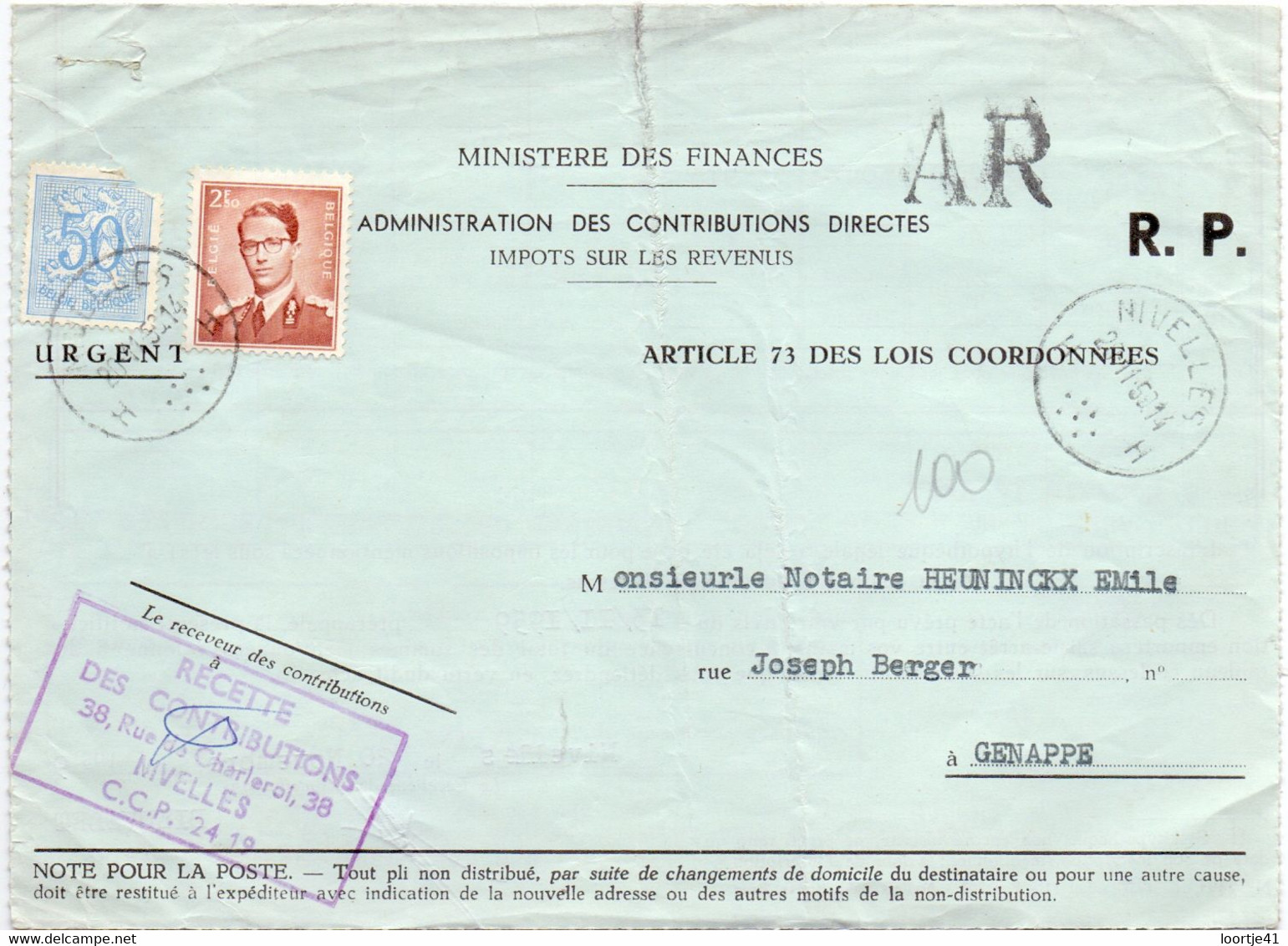 Omslag Enveloppe - Nivelles à Genappe - Stempel Cachet 1959 - Enveloppes-lettres
