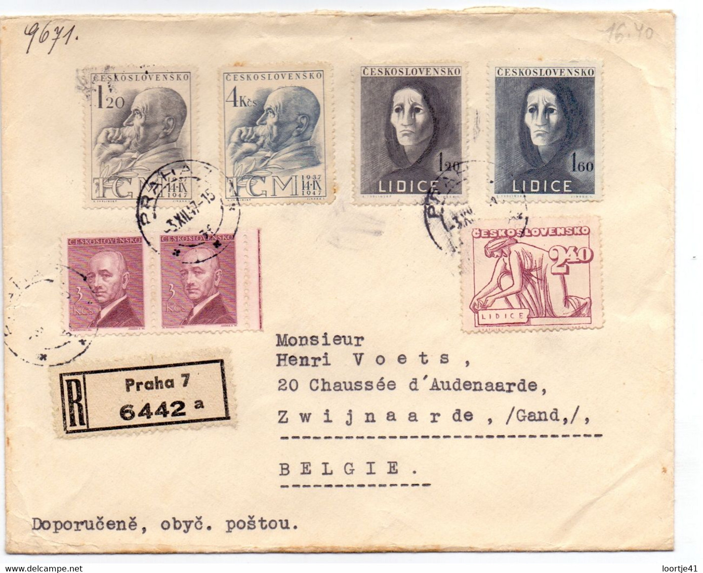 Omslag Enveloppe - Praha Ceskoslovensko Naar Gand Gent - Recommandé Stempel Cachet 1947 - Briefe