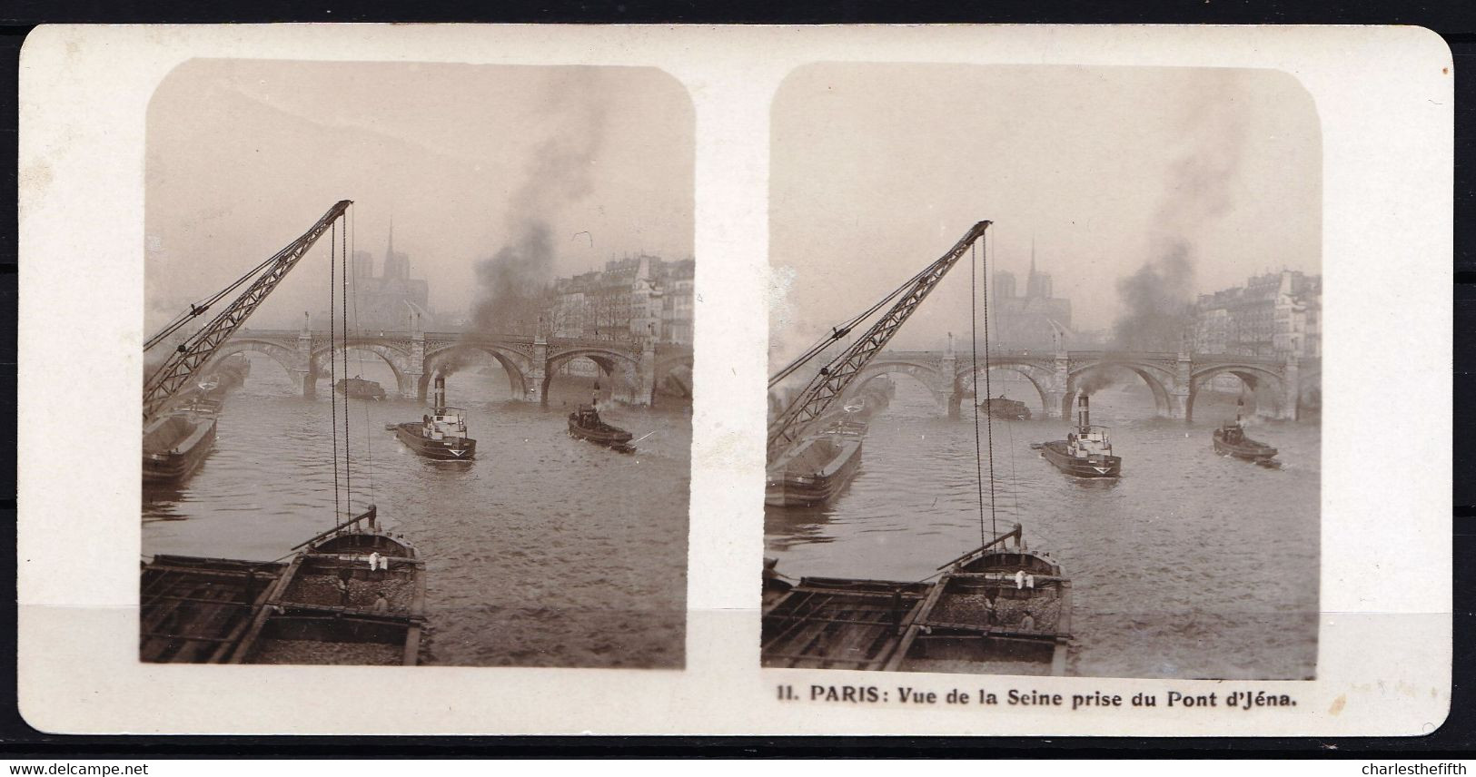 ORIGINALE PHOTO STEREO DEBUT 1900 * PARIS - VUE DE LA SEINE PRISE DU PONT D'JENA - Avec Grue Et Péniches - Visionneuses Stéréoscopiques