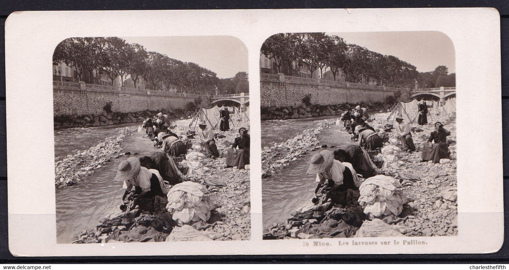 ORIGINALE PHOTO STEREO DEBUT 1900 * NICE - LES LAVEUSES SUR LE PALLION * - Stereoscoopen